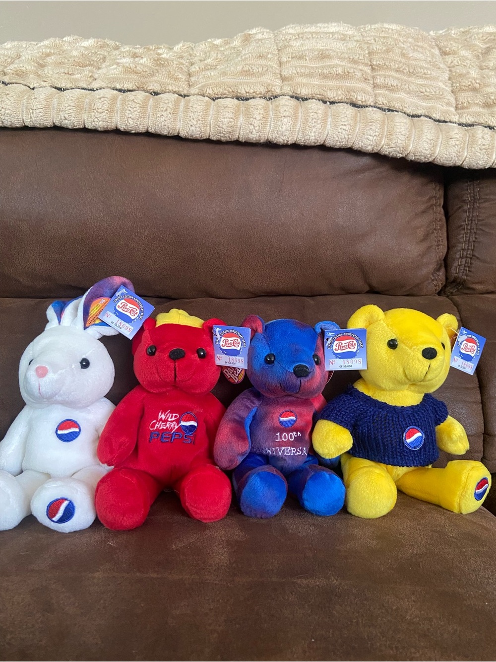 Pepsi Multicolor Collectible Plush Bears and Bunny - White Red Blue Yellow